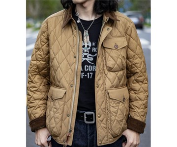 卡其色菱格绗缝外套 獵裝外套 工裝夾克 復古 燈芯絨領 多口袋