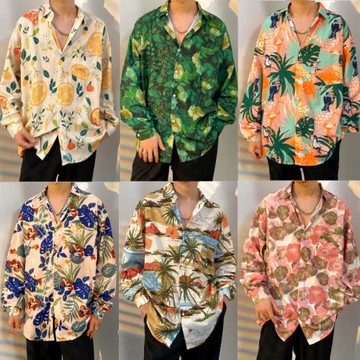 高級感印花襯衣男長袖寬松免燙休閑春秋季外套薄款港風百搭花襯衫