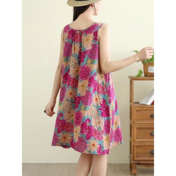 棉麻無袖碎花連衣裙女夏季薄款寬松顯瘦休閑中長款亞麻吊帶背心裙