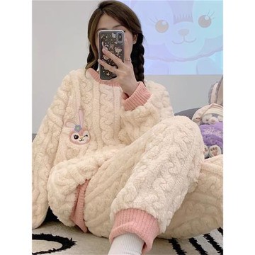 法蘭絨睡衣女款加厚加絨卡通寬松珊瑚絨家居服女學生冬季保暖套裝