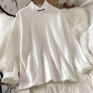 白色德絨打底衫女內搭新款冬季加絨加厚長袖t恤半高領上衣