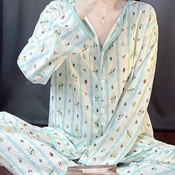 睡衣 小翻領寬鬆甜美睡衣 可外穿 家居服 寬鬆睡衣 卡通睡衣 休閒睡衣 性感睡衣 長褲長褲 兩件套 睡衣套裝