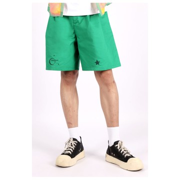 舒適百慕達五分短褲__葉綠色純棉繡花短褲