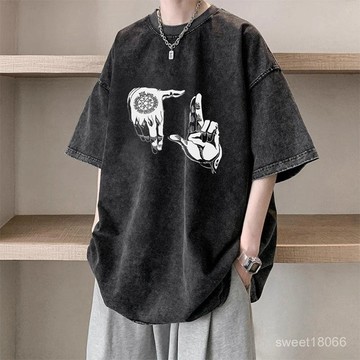 100%純棉 oversize t恤 水洗短袖 短袖 水洗T 做舊t恤 短袖上衣 男生衣服 大尺碼 美式復古上衣K08