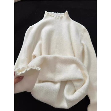 一體絨木耳邊半高領內搭針織衫毛衣女冬季加絨加厚打底衫修身上衣