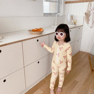 新款男童女童可愛卡通小熊格子長袖長褲保暖溫泉泳衣連體泳裝