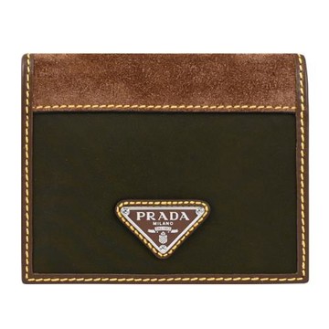 PRADA 2MO004 三角LOGO尼龍麂皮對折六卡短夾.墨綠/棕