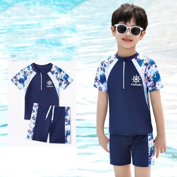 Biki.泳裝船長拉鍊短袖短褲3-5L二件式大童泳衣