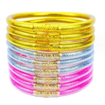 9層金粉手鐲雙拼三拼組合閃亮糖果色硅膠女士手環JELLY BANGLES