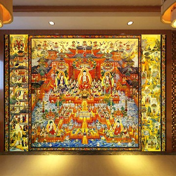 唐卡西方極樂世界壁紙壁畫佛堂客廳酒店大型佛堂全景圖背景墻紙