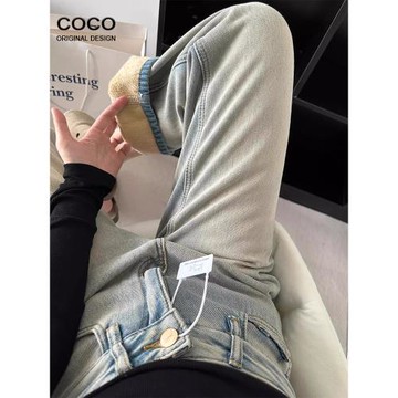 藍色顯瘦高腰直筒牛仔褲女2024秋冬新款寬松保暖加絨加厚闊腿褲潮