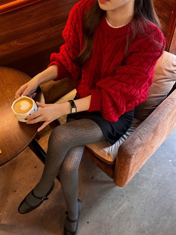 【韓國】甜紅果茶麻花圓領針織毛衣-93290