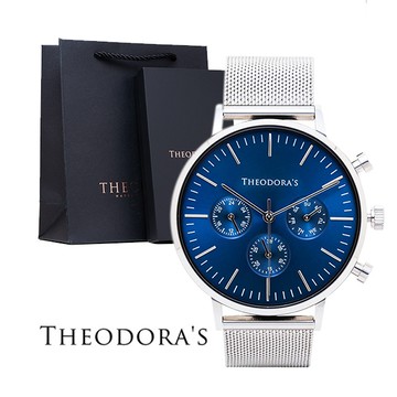 (銀藍面缺貨中，預計2月上旬到貨)[全館禮盒包裝/生日禮物]【Theodora's】Apollo 中性款三眼腕錶 銀藍面 -錶帶可選：米蘭銀/米蘭黑/米蘭深藍