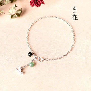 925純銀手鍊翡翠手環-自在飛鳥吊墜玉珠女飾品73yl42【米蘭精品