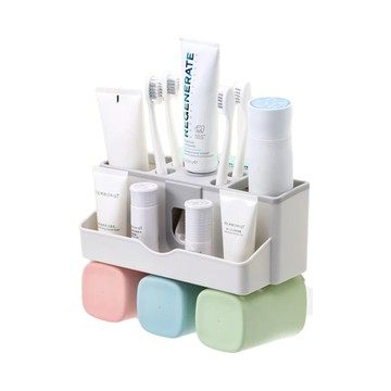 多功能牙刷杯架 三人款  優質PP材質  附漱口杯  1個