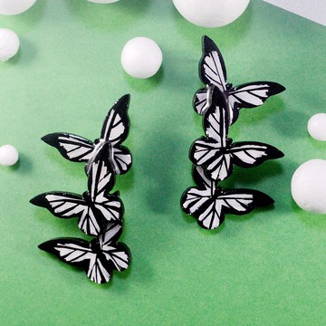 蝴蝶吻 黑白風蝶立體個性長款耳釘 chill 藝術 手繪木製