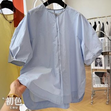 初色 復古寬鬆純色圓領五分短袖燈籠袖單排釦襯衫T恤上衣女上衣-共2色-12632(L-2XL可選)