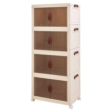 The Look GROCERIES STORAGE 折疊式多功能收納櫃 四層櫃 附輪 穩固側邊卡扣 磁吸式門設計 附煞車萬向輪  米白色 + 透明色  1個