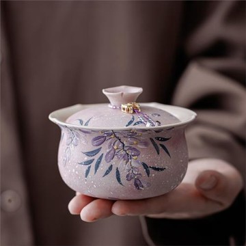手繪粉色紫藤三才蓋碗女士個人專用陶瓷泡茶碗功夫茶具新中式禮盒