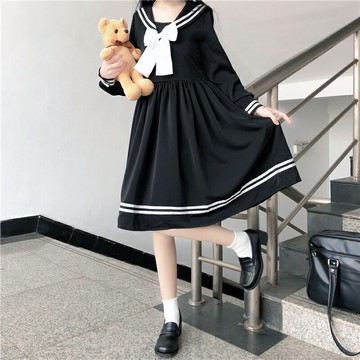 2020春季新款日系學生暗黑寬松長袖海軍風可鹽可甜連衣裙jk制服裙