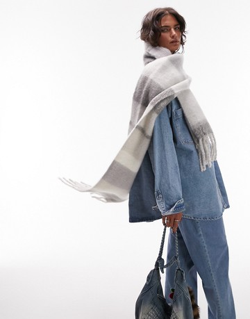 Topshop Sadie stripe scarf in grey-Neutral