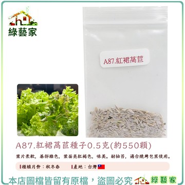 A87.紅裙萵苣種子0.5克(約550顆)//葉片柔軟，基部綠色，葉面亮紅褐色，味美。耐抽苔，適合燒烤包菜使用【綠藝家】