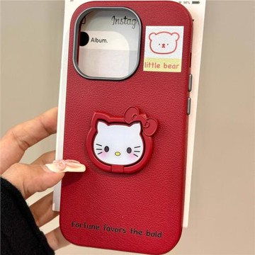 適用蘋果16promax手機殼iphone15高級皮紋13簡約12ins風11新年款14plus防摔全包本命年大紅色kitty支架保護套