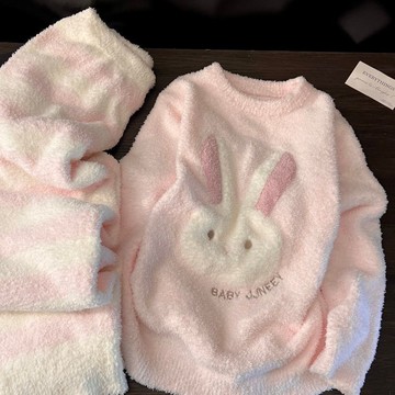 台灣出貨 秋冬睡衣女 保暖睡衣 韓版甜美可愛兔子半邊絨睡衣女秋冬季保暖加厚學生宿舍家居服套裝