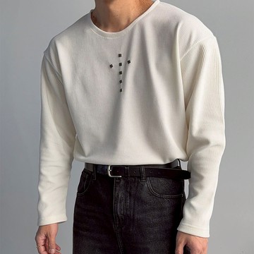 正韓半寬落肩質感金屬鉚釘圓領長袖上衣 3色 YUPPIE 預購商品 0223