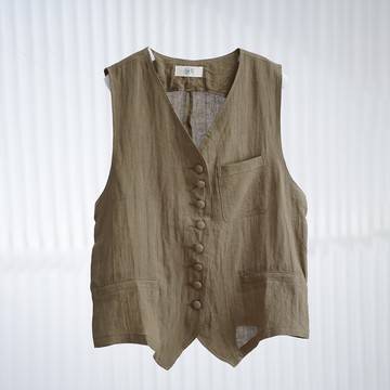 復古亞麻 V 領後開叉背心486505