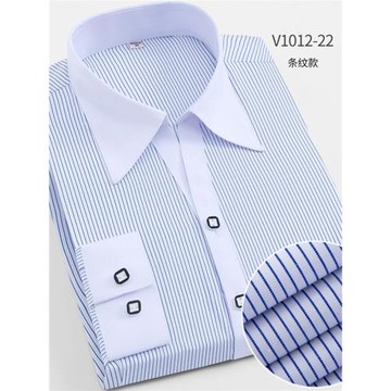 春季長袖襯衫女商務休閑職業裝白色領藍色條紋西裝打底衫V領修身