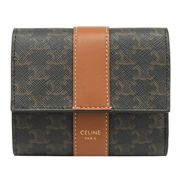 CELINE TRIOMPHE 燙金LOGO滿版花紋扣式三折短夾.深咖