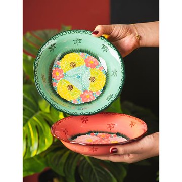 綠影盤子家用菜盤陶瓷深盤餃子盤復古餐具高顏值餐盤水果盤圓盤