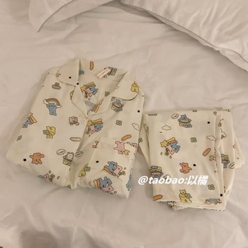 日系可愛睡衣女春秋季卡通滿印長袖純棉帶胸墊奶fufu可外穿家居服