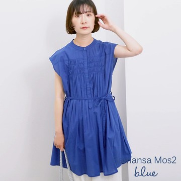 Samansa Mos2 blue 【Made in India】胸前層次縮褶綁繩腰帶長版上衣(0F000905610)