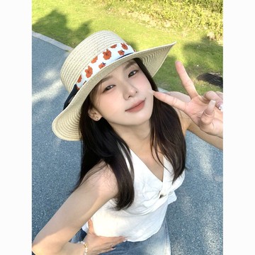 海邊度假🌟 法式複古平頂草帽女蝴蝶結沙灘遮陽帽夏季防曬遮陽帽海邊度假拍照沙灘帽 防曬帽