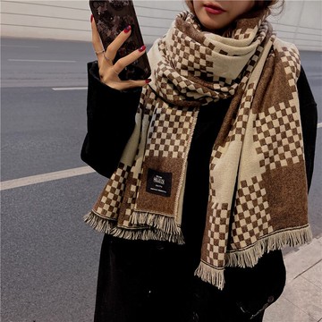 咖啡色氣質棋盤厚大圍巾流蘇學院風秋冬季學生大圍脖加格子披肩