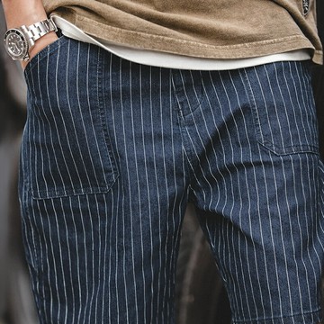 馬登工裝美式復古海軍牛仔條紋中褲五分褲阿美咔嘰直筒休閑短褲男