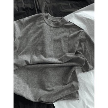 韓國東大門秋季新款卷邊圓領寬松廓形短袖毛衣休閑慵懶針織上衣女