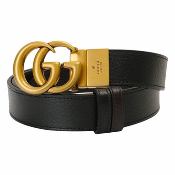 GUCCI-仿舊金雙G LOGO荔枝紋皮革男皮帶(黑100cm