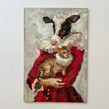 棕牛畫原創油畫動物畫牛與貓肖像