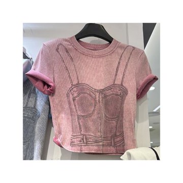 十三行新款美式復古粉色印花正肩短袖t恤女夏季辣妹短款顯瘦上衣