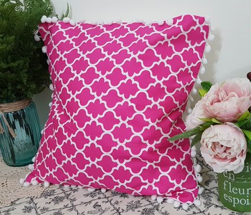 北歐風格桃艷紅色幾何圖案白色毛球抱枕靠枕靠墊枕套