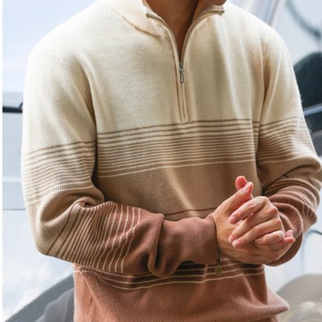 Wuluwear 美式休閒漸變紋理立領毛衣男百搭保暖疊穿半拉鍊針織衫