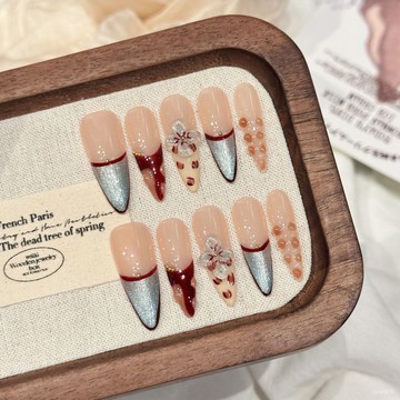 💟加一手工甲💅🏻藝禾穿戴甲【藍血鵰花】秋冬外貿跨境法式貓眼立體鵰花手工穿戴甲純手工穿戴甲 F7G7