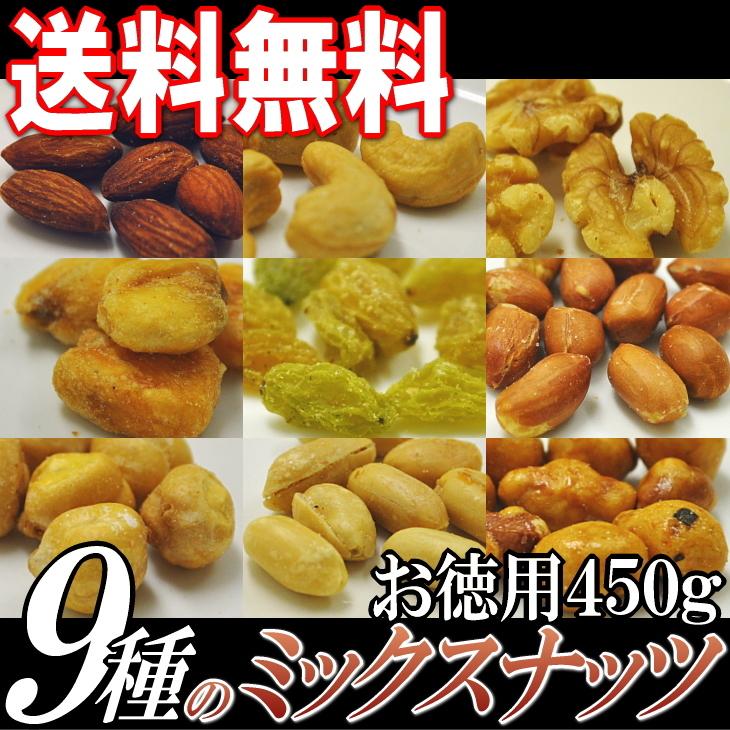 ミックスナッツ 450g 9種入 お徳用 メール便 送料無料 塩味 カシューナッツ くるみ アーモンド 落花生 ピーナッツ ジャイアントコーン ポイント消化