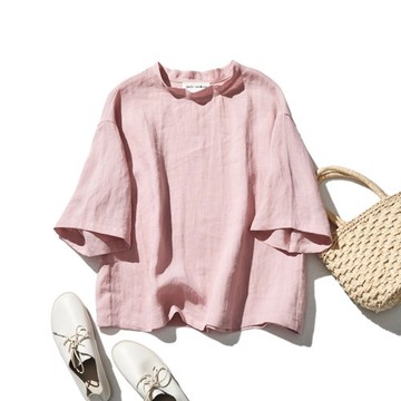 100%亞麻 dropped shoulder 七分袖寬鬆罩衫 柔粉色 190702-5