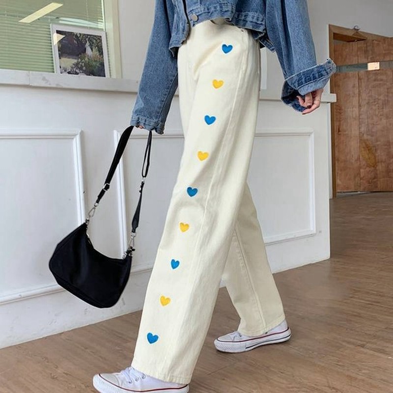 パンツ レディース デニム 白パンツ ホワイトデニム カジュアル ワイドパンツ ハート型 刺繍 かわいい カジュアル おしゃれ ジーパン ジーンズ ストレートパンツ 通販 Lineポイント最大get Lineショッピング