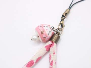 【手作吊飾】 招福貓達摩與櫻花吊飾 粉色和風縮緬布