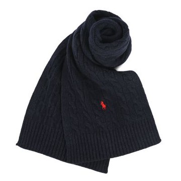 RALPH LAUREN POLO小馬刺繡素面羊毛混紡絞花針織圍巾-深藍/紅色